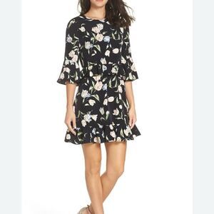 NWT Avec Les Filles Black Floral Print Ruffle A Line Mini Dress Size 6